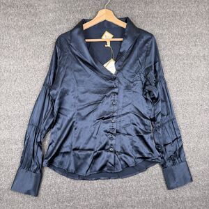 Luba‎ Cellini Silk Top Women's 10 Blue Button Casual Business Long Sleeve NWT
